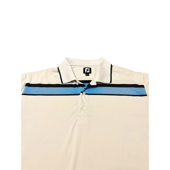 FootJoy FJ Polo Shirt XL White Blue Black Stripe Performance Golf‎ Mens - Picture 2 of 6